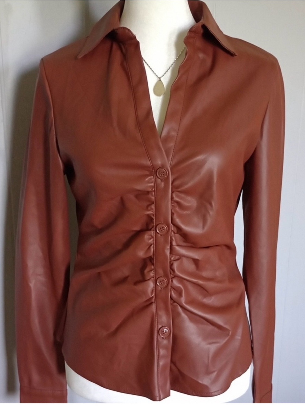 House of Harlow 1960 Faux Leather Ruched Blouse Brown Button Up Y2K